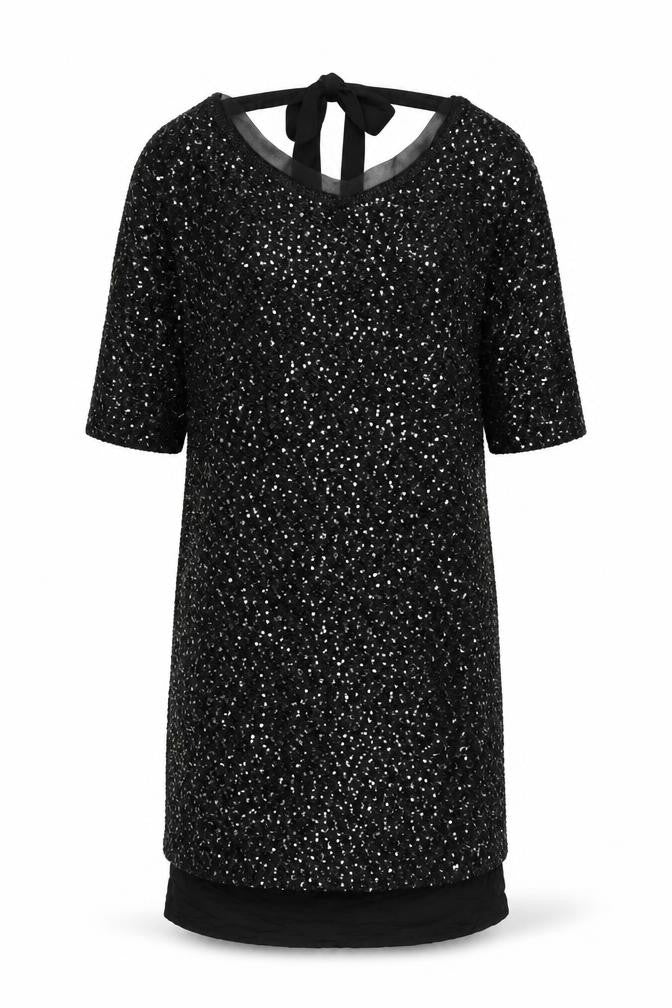 Front view of Monsoon Women's Black Sequin Sheath Dress S