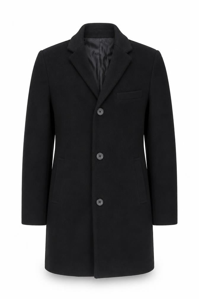 Front view of Only & Sons Men's Black Wool Overcoat, size S