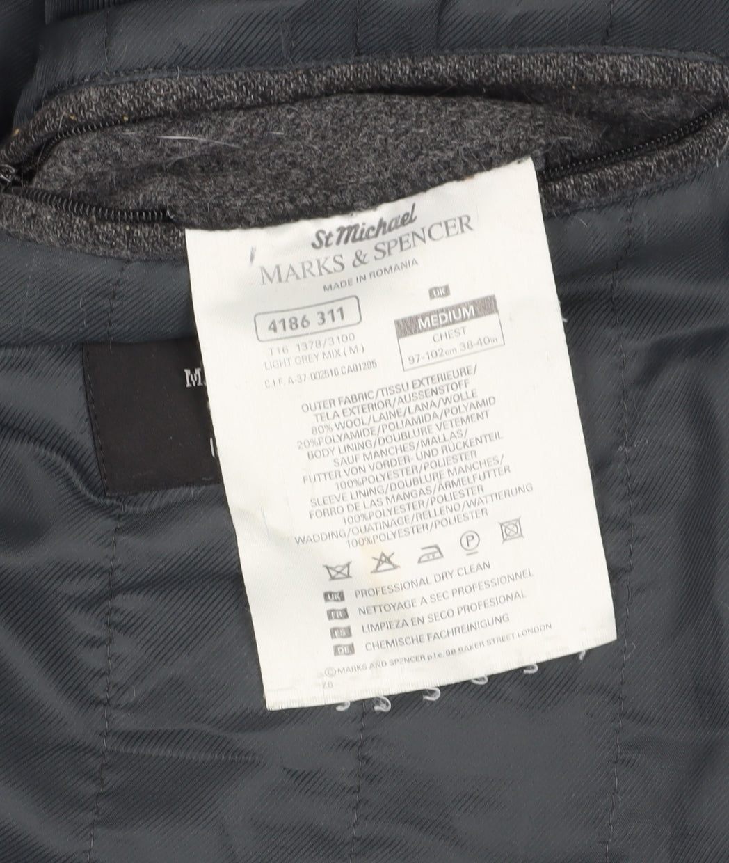 Marks and Spencer Men's Grey Jacket, Size M, Zip Closure