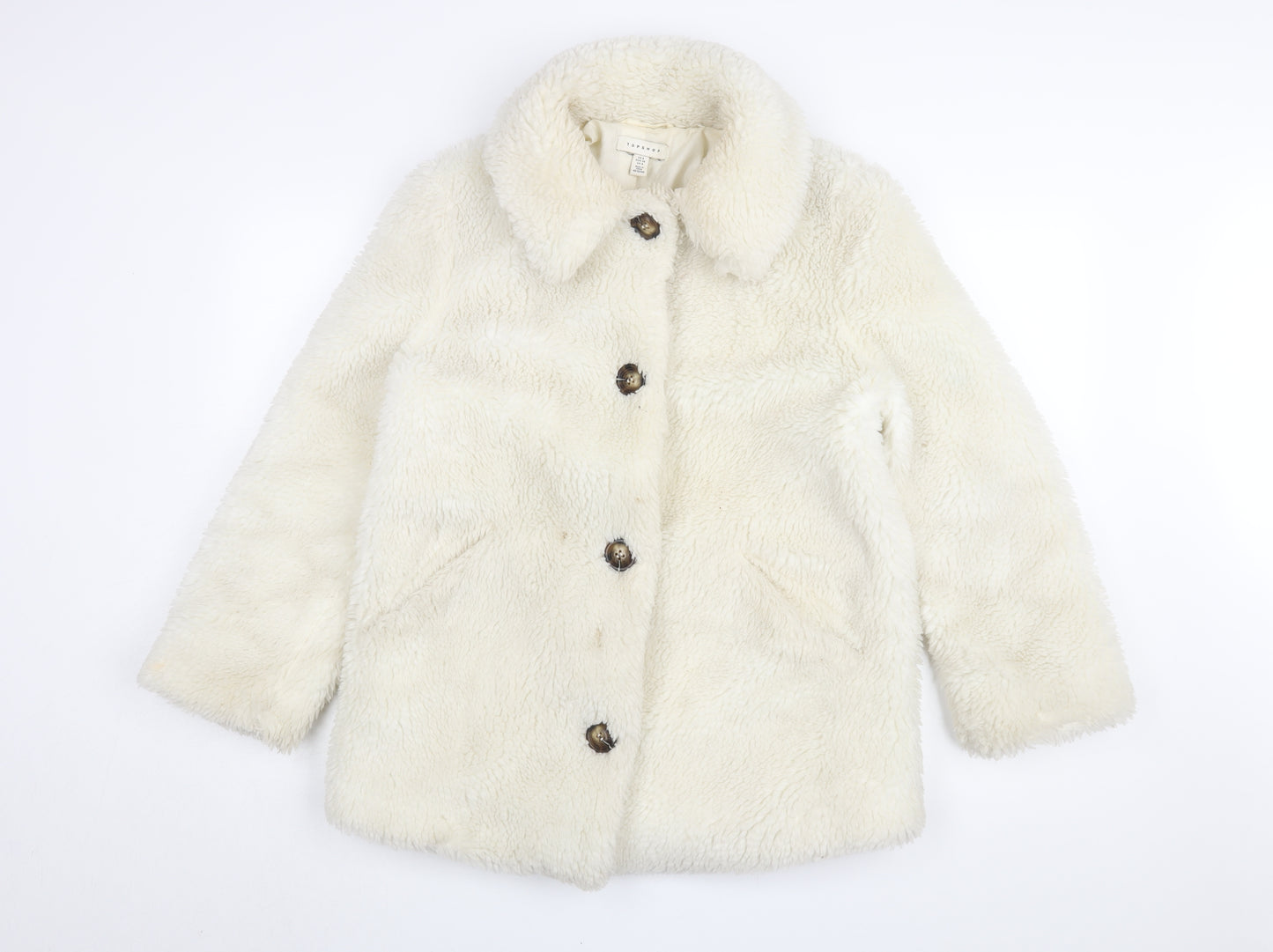 Topshop Women’s Ivory Faux Fur Coat Size 8