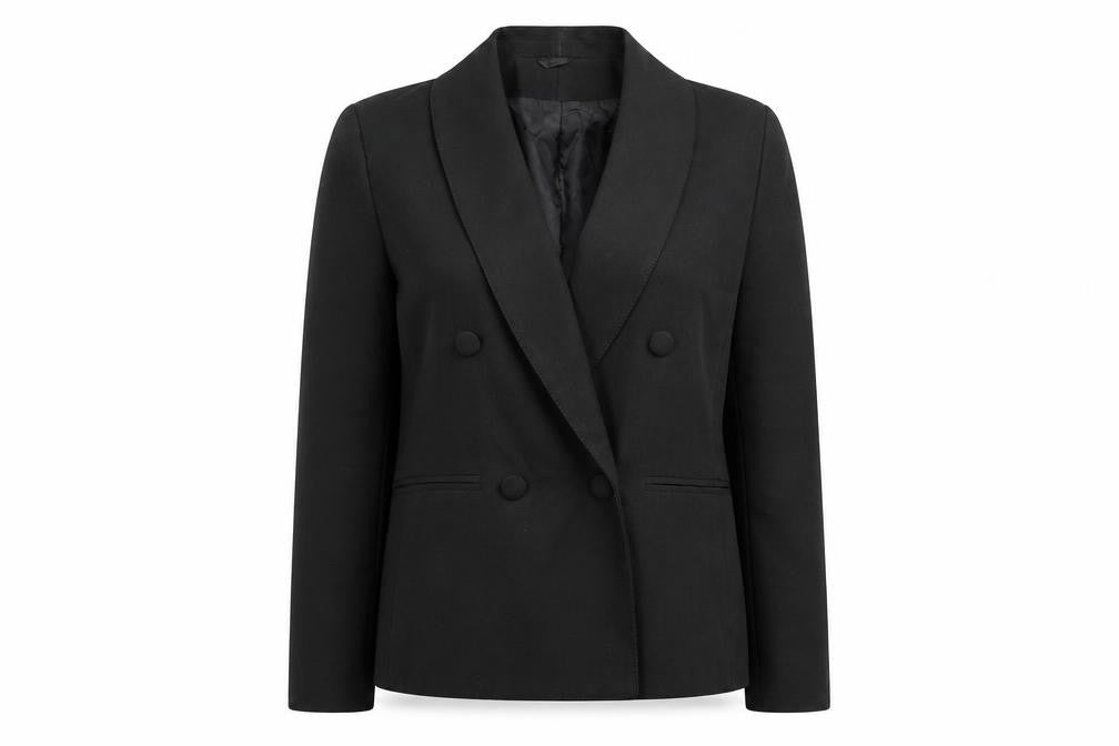 Front view of C&A Women's Black Blazer, size 10, Double Breasted