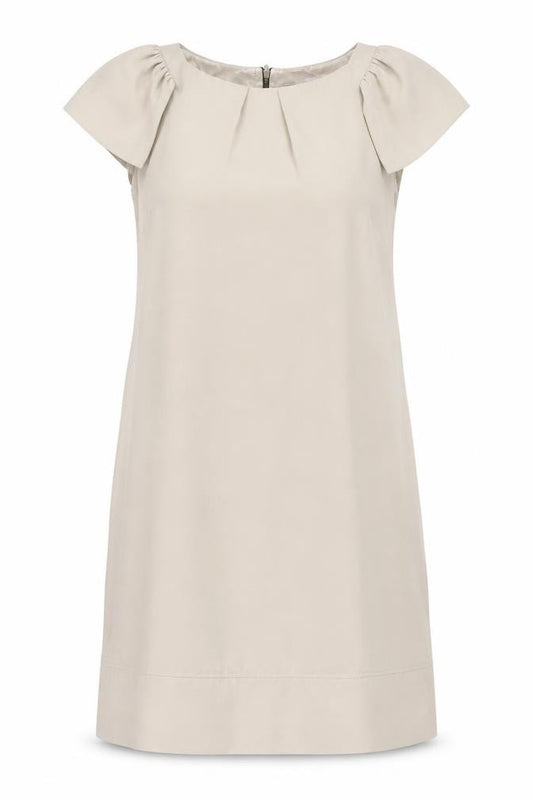 Front view of Awear Women's Beige Shift Dress, size 12, Scoop Neck