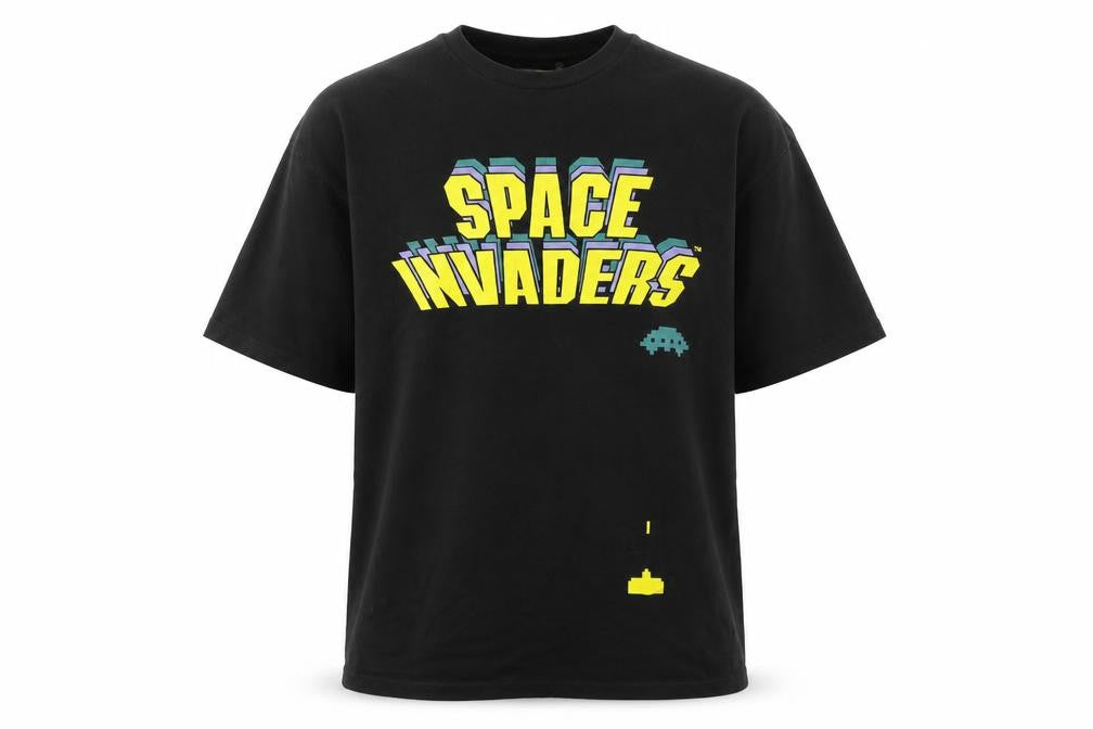 Front view of Difuzed Men's Black Space Invaders T-Shirt, M