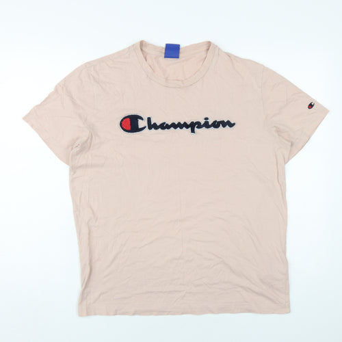 Champion Men's Beige Logo T-Shirt - L, Short Sleeve