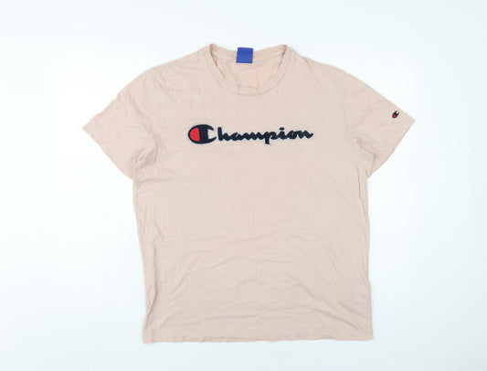 Champion Men's Beige Logo T-Shirt - L, Short Sleeve