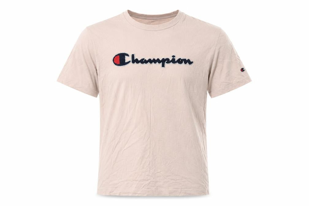 Champion Men's Beige Logo T-Shirt - L, Short Sleeve