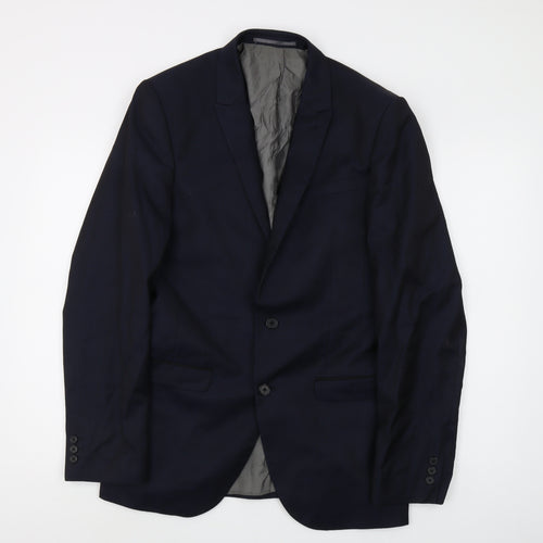 Next Men's Blue Wool Blazer 38L Long Single-Breasted