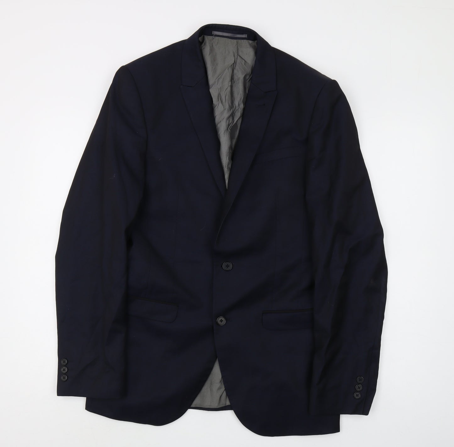 Next Men's Blue Wool Blazer 38L Long Single-Breasted