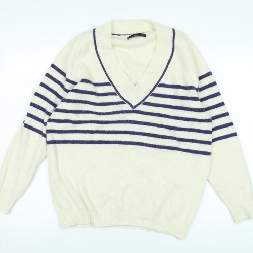 Mango Women's Ivory Striped V-Neck Jumper Size 12