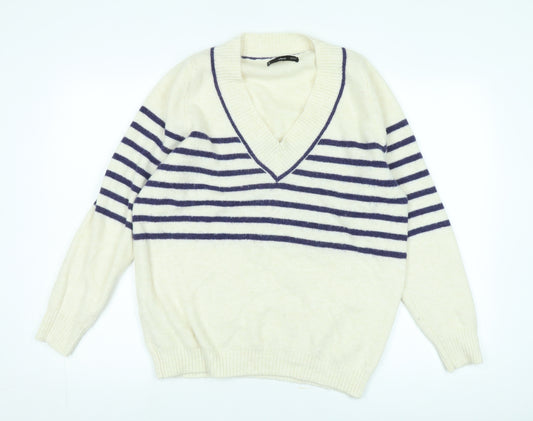 Mango Women's Ivory Striped V-Neck Jumper Size 12