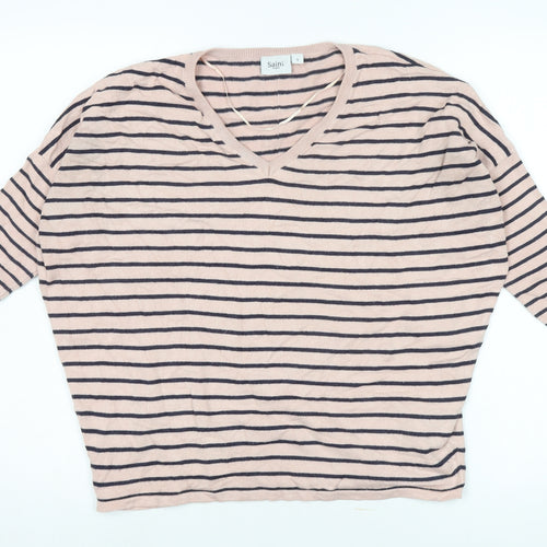 Saint Tropez Women's Pink Striped V-Neck Pullover - S