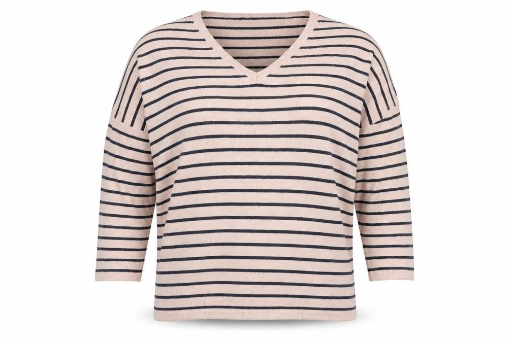 Front view of Saint Tropez Women's Pink Striped V-Neck Pullover - S