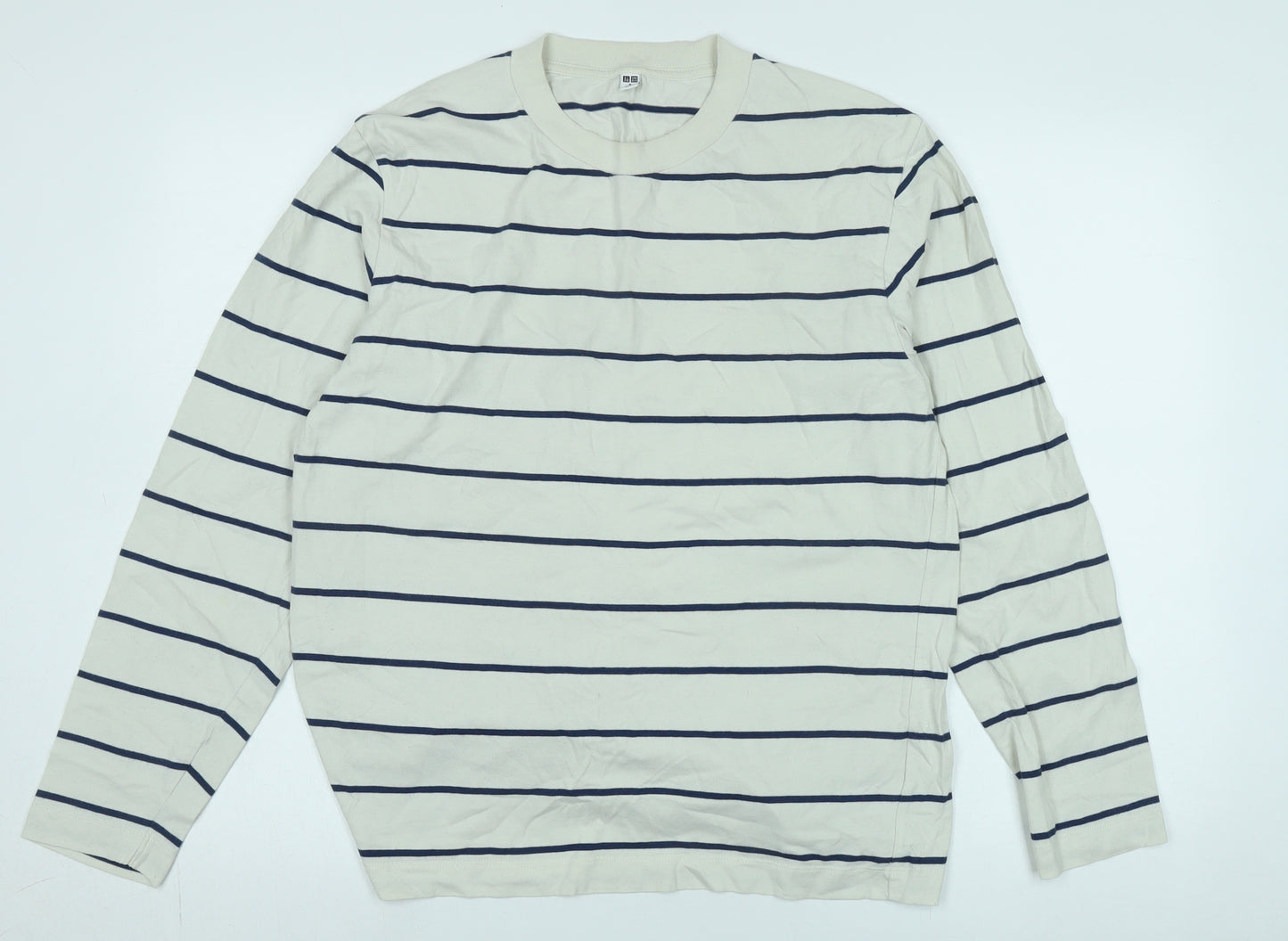 Uniqlo Men's Beige Striped Long Sleeve T-Shirt M