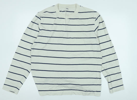 Uniqlo Men's Beige Striped Long Sleeve T-Shirt M