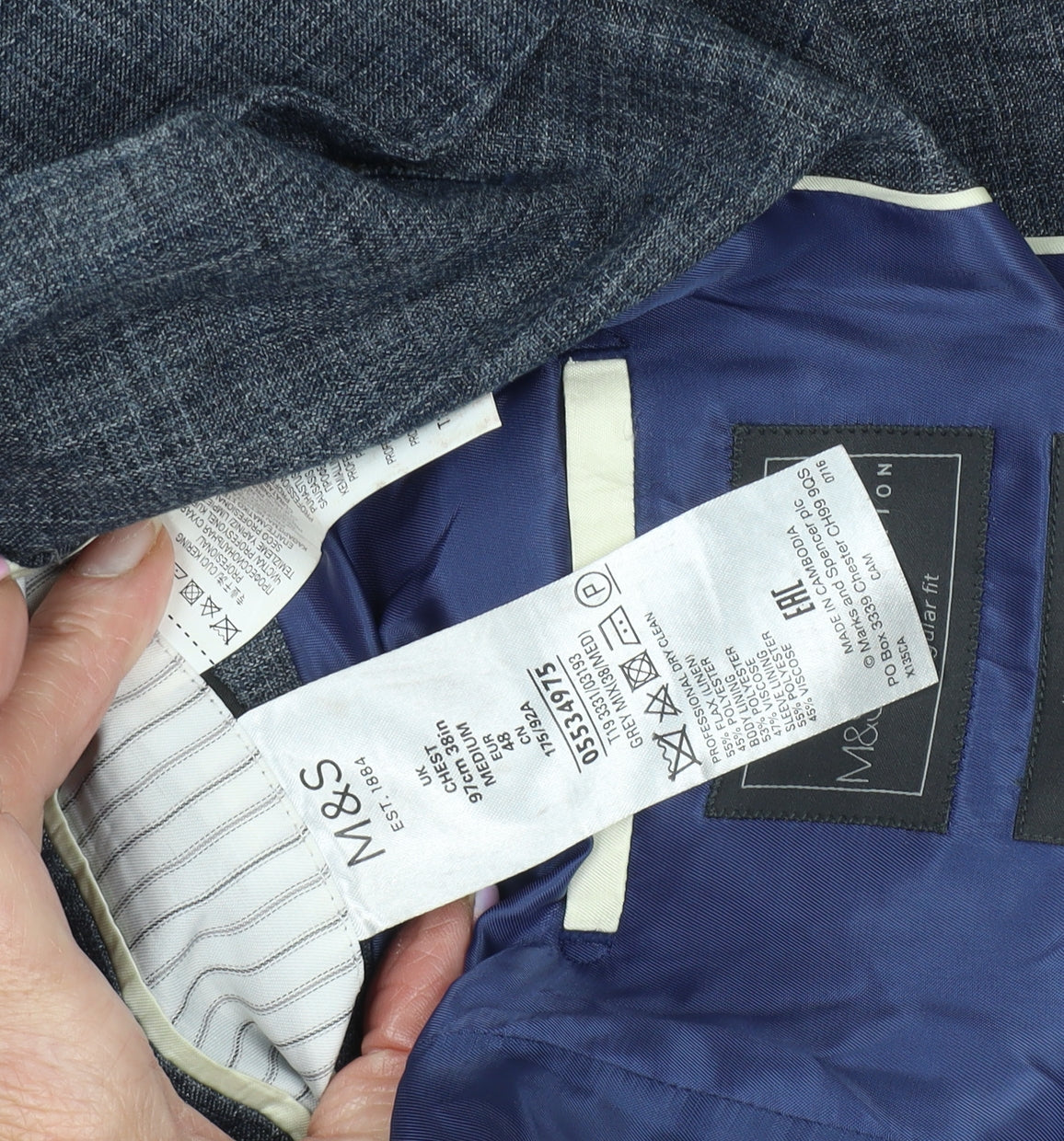 Marks and Spencer Men's Blue Check Linen Blazer 38R