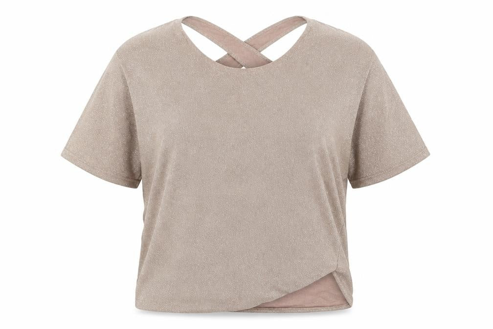 Front view of Saint Tropez Women's Beige Metallic Knit Camisole Blouse M