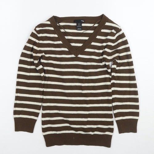 H&M Women's Brown Striped V-Neck Jumper XS