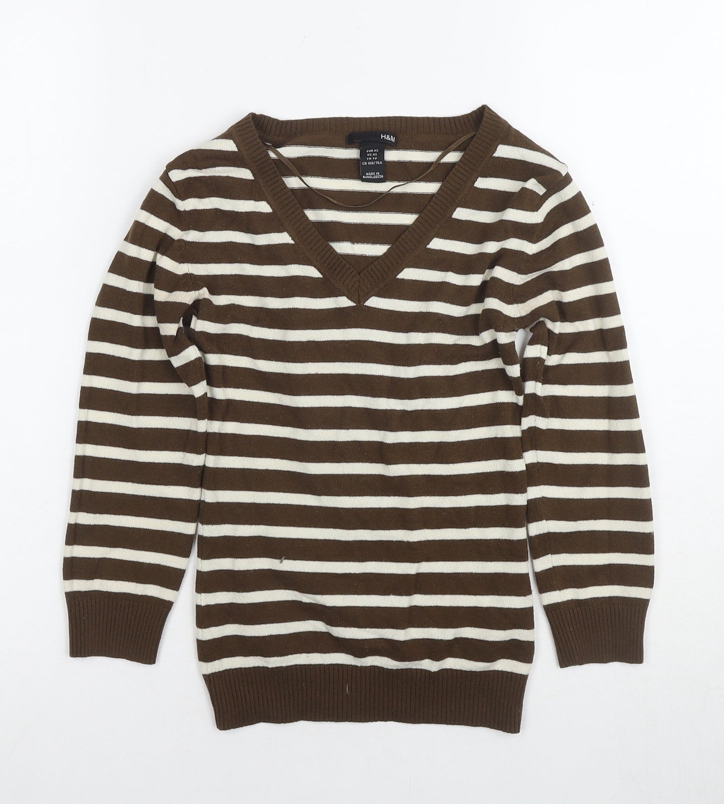 H&M Women's Brown Striped V-Neck Jumper XS