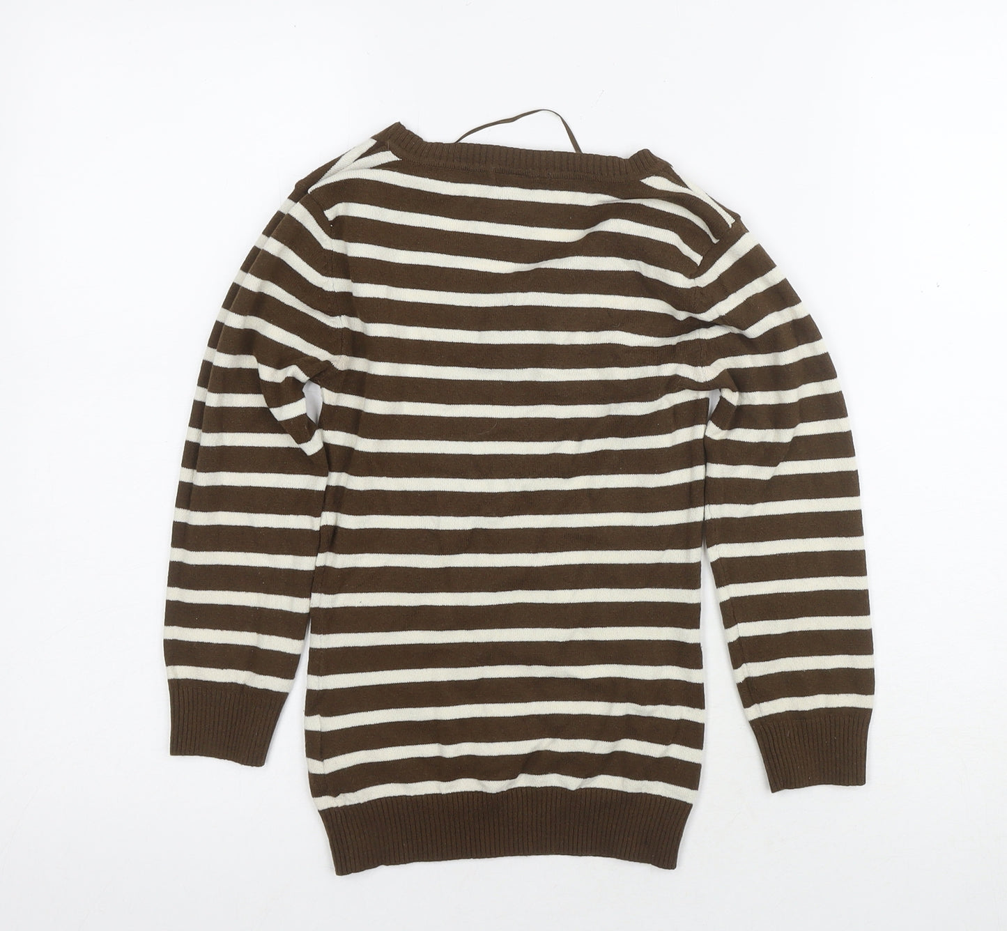 H&M Women's Brown Striped V-Neck Jumper XS