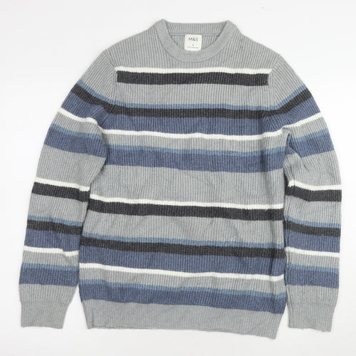 Marks and Spencer Men's Blue Striped Pullover Jumper L