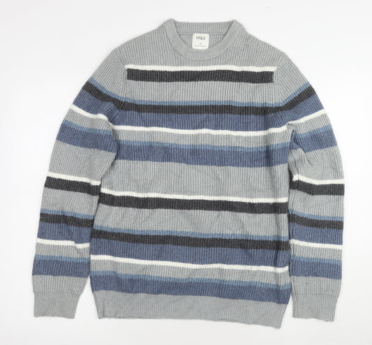 Marks and Spencer Men's Blue Striped Pullover Jumper L