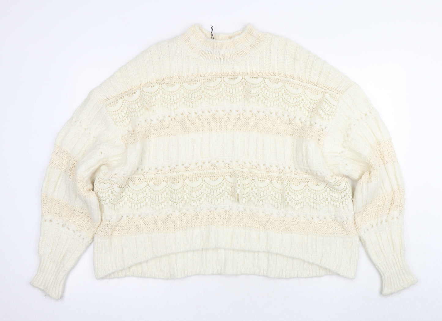 Zara Women's Ivory Mock Neck Chunky Knit Jumper M