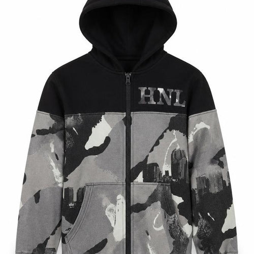 HNL Projection Boys Black Full Zip Camouflage Hoodie Size 9