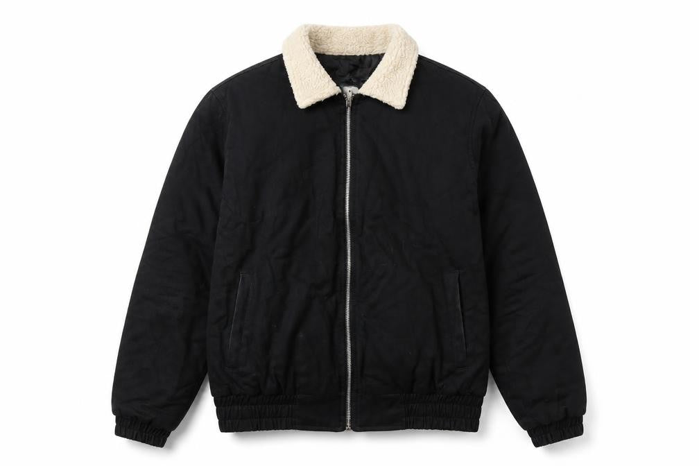 Front view of boohoo Men's Black Cotton Bomber Jacket -, size S, Casual Style