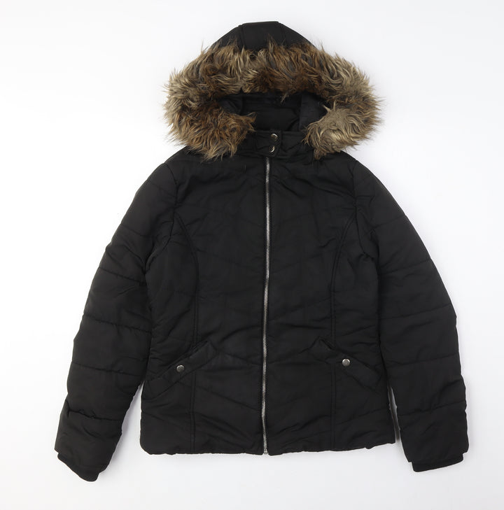 New Look Girls Black Puffer Coat 12-13 Hooded & Fur Trim