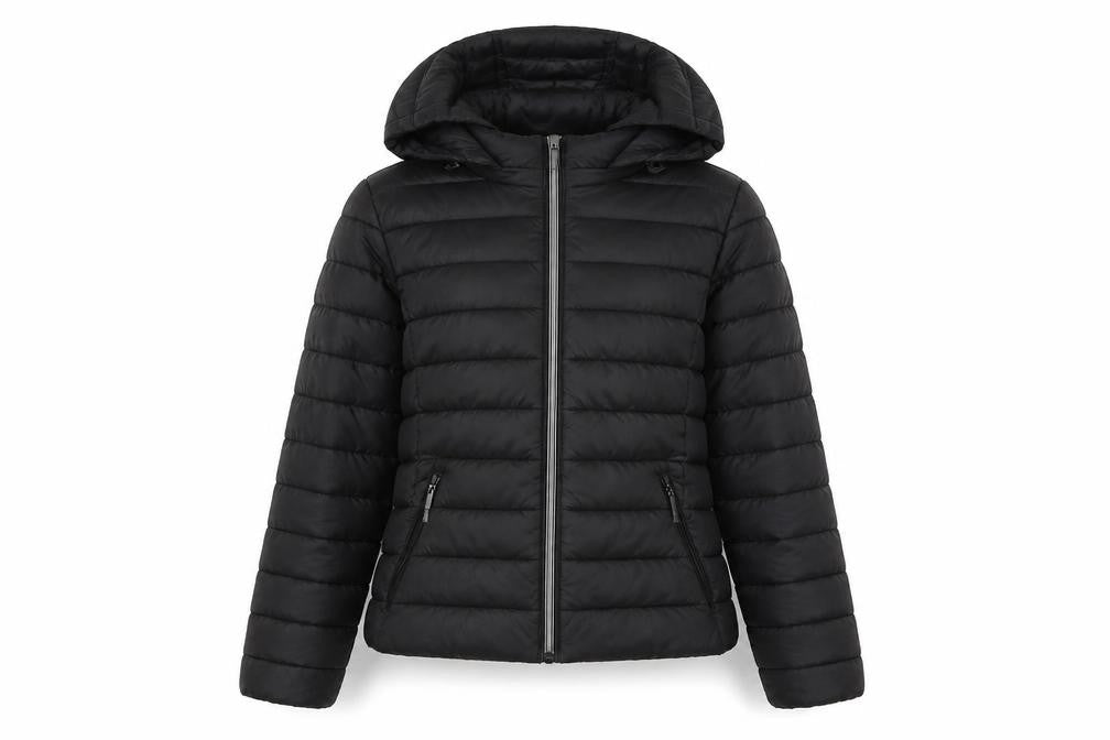 Front view of Zara Women's Black Puffer Jacket XS Hooded Casual