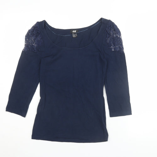 H&M Women's Blue Lace Accent Scoop Neck Blouse XS