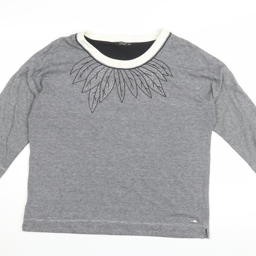 TIGI Women's Grey T-Shirt, Size 14/16, Embroidered Crew Neck