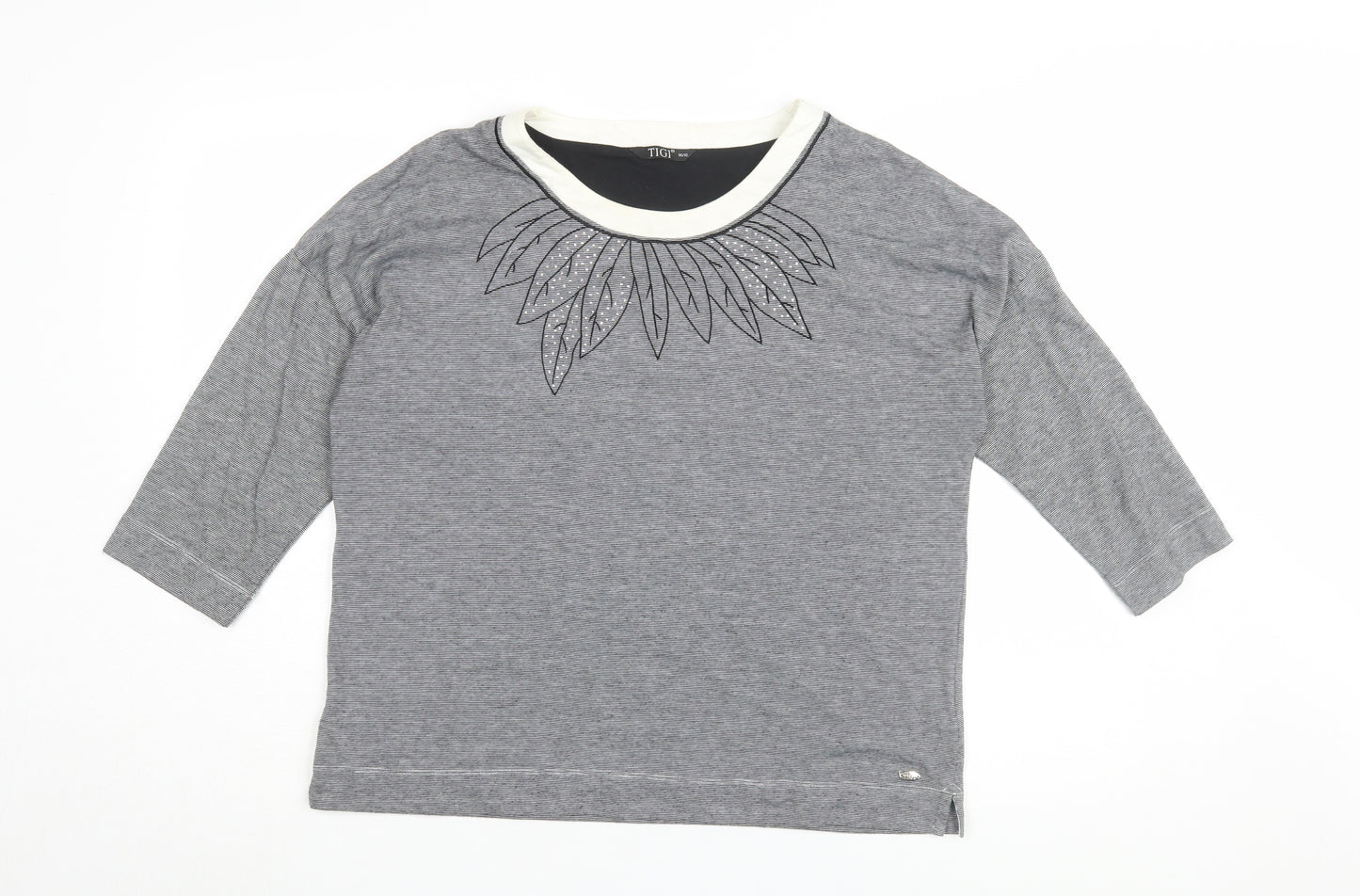 TIGI Women's Grey T-Shirt, Size 14/16, Embroidered Crew Neck