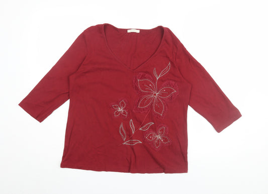 Marks and Spencer Women's Red V-Neck Floral Blouse Size 16