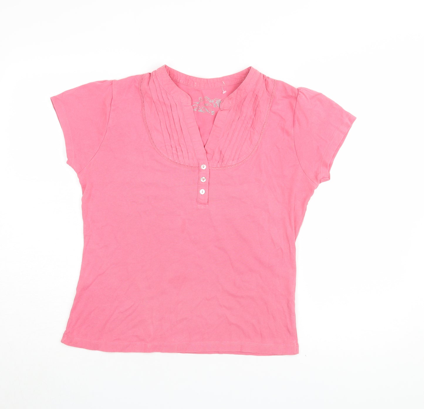 M&Co Women's Pink Henley T-Shirt, Size L, Short Sleeve