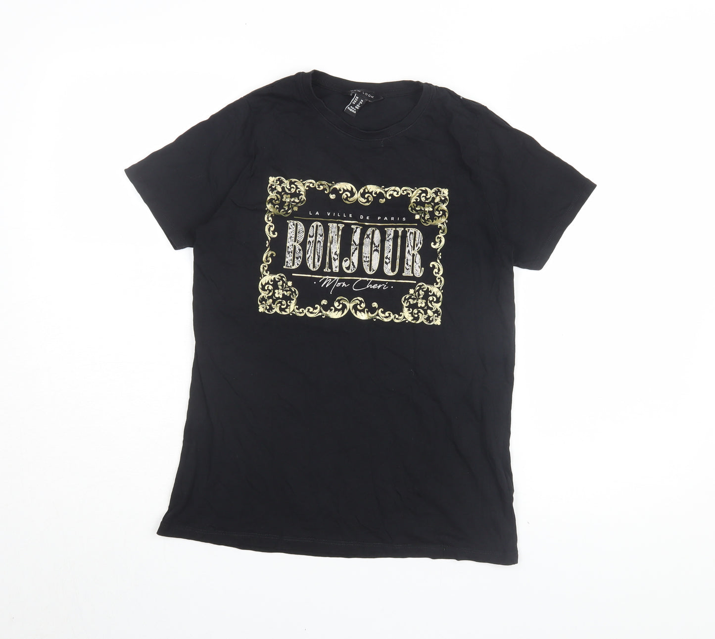 New Look Women's Black T-Shirt UK 10 French Graphic Casual