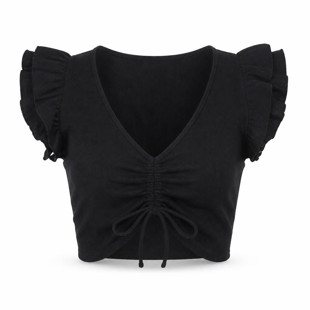 Front view of Zara Women's Black Cropped Blouse -, size S, Slim Fit