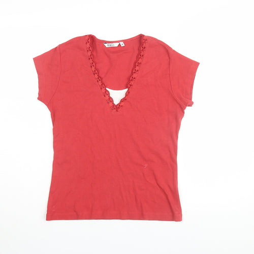 M&Co Women's Red V-Neck Crochet Accent T-Shirt M