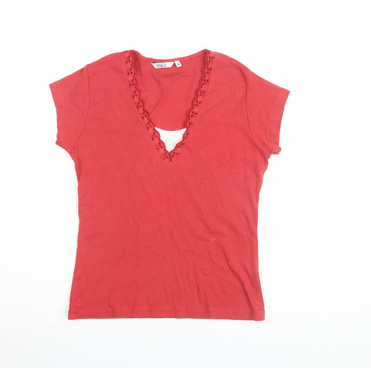 M&Co Women's Red V-Neck Crochet Accent T-Shirt M