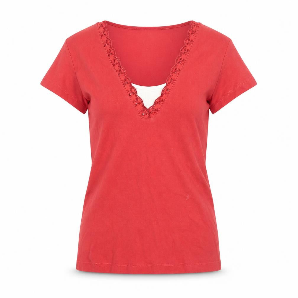 M&Co Women's Red V-Neck Crochet Accent T-Shirt M