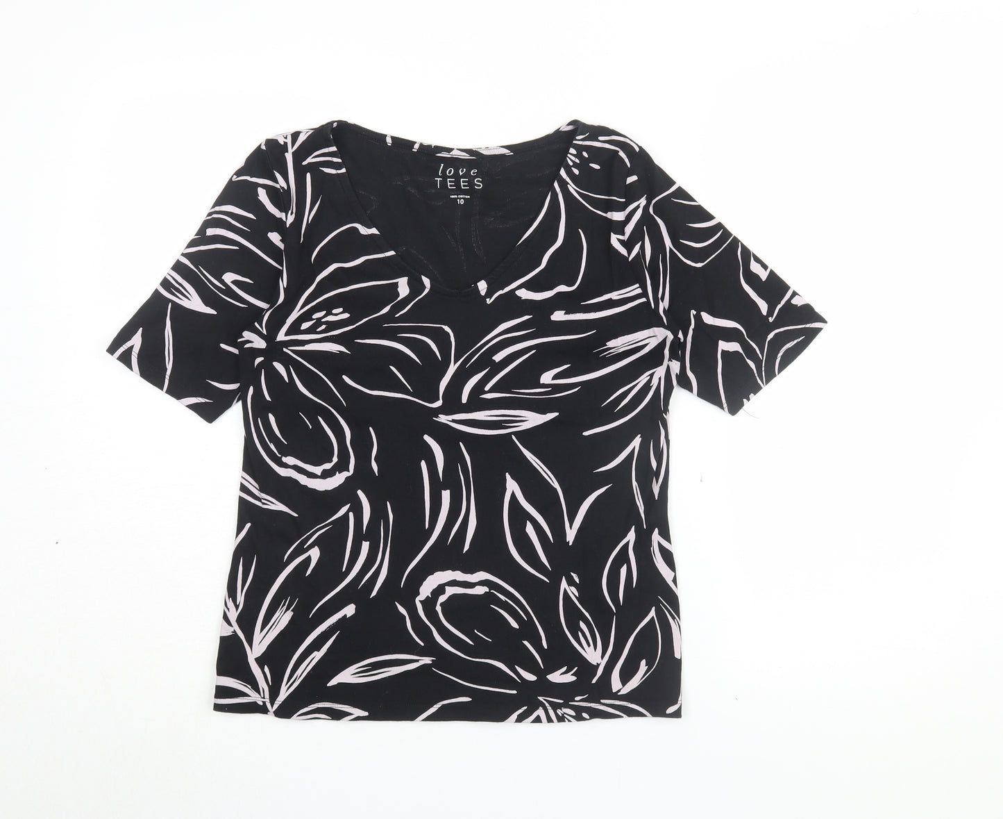 Love Tees Women's Black Floral V-Neck T-Shirt Size 10