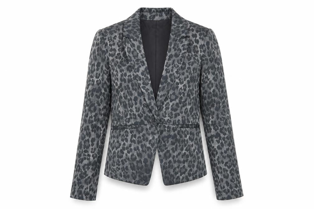 Front view of Fransa Women's Grey Animal Print Blazer, size 8
