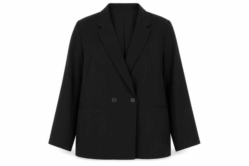 Front view of H&M Women's Black Suit Jacket, size 12, Double-Breasted