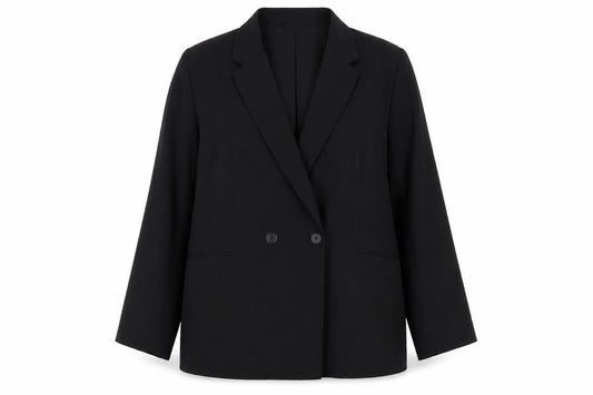 Front view of H&M Women's Black Suit Jacket, size 12, Double-Breasted