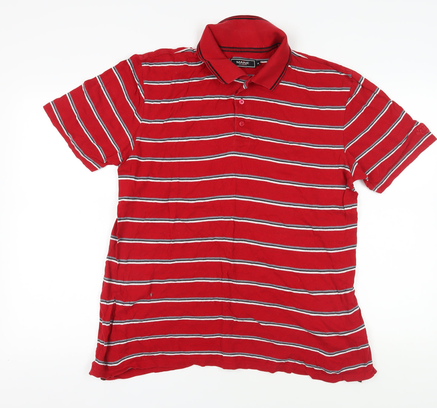 Maine Men's Red Striped Polo Shirt - Medium