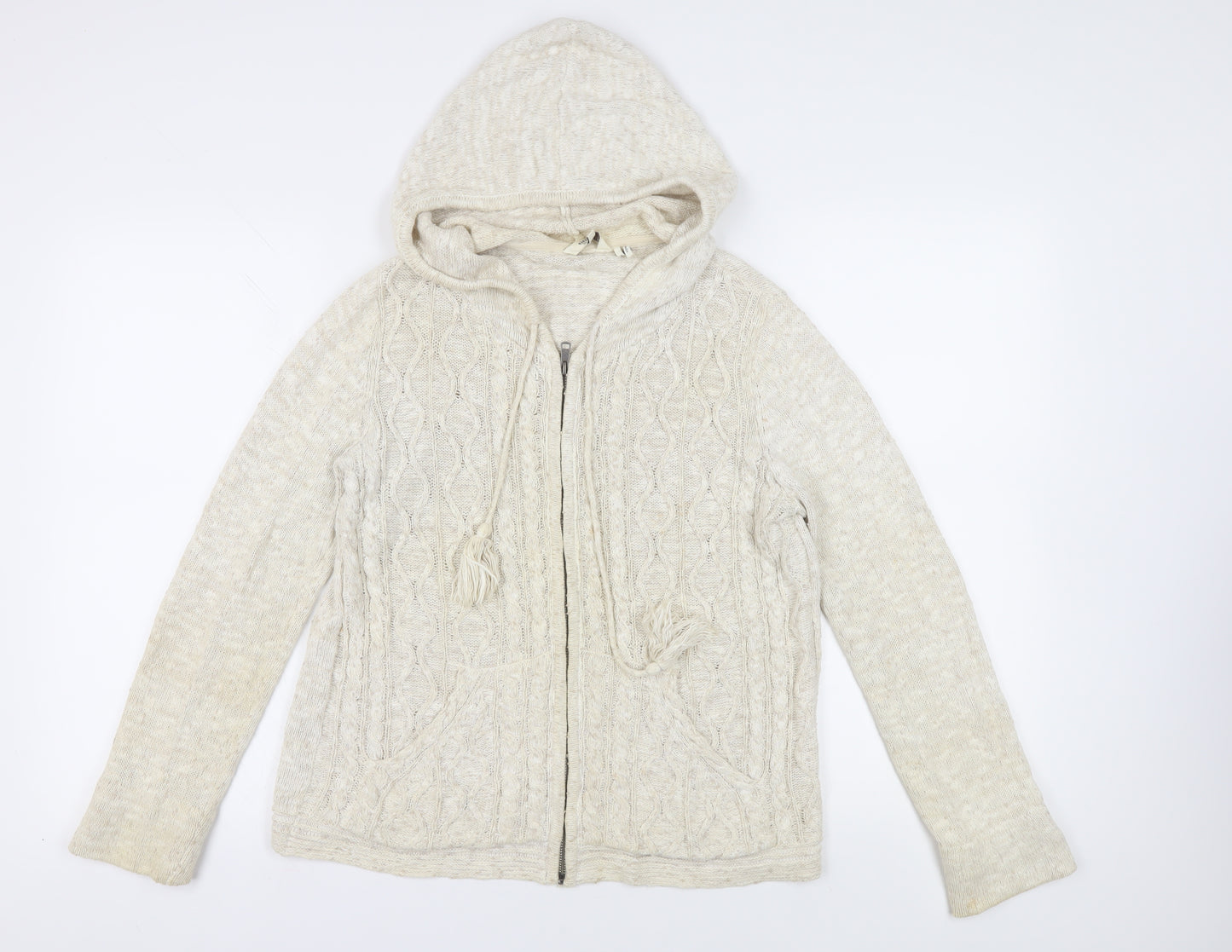 FatFace Women's Ivory Cable-Knit Hooded Jumper, Size 14