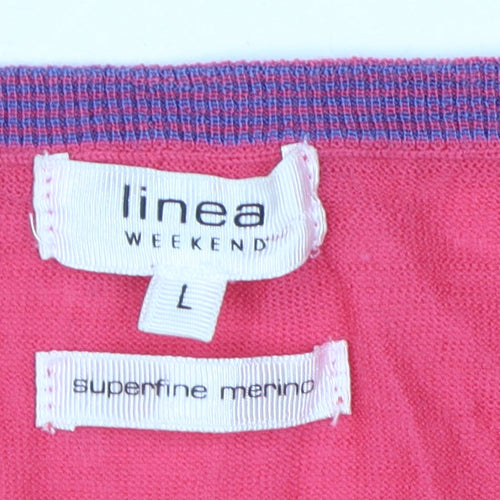 Linea Women's Pink Merino Cardigan, Size L - Casual Scoop Neck