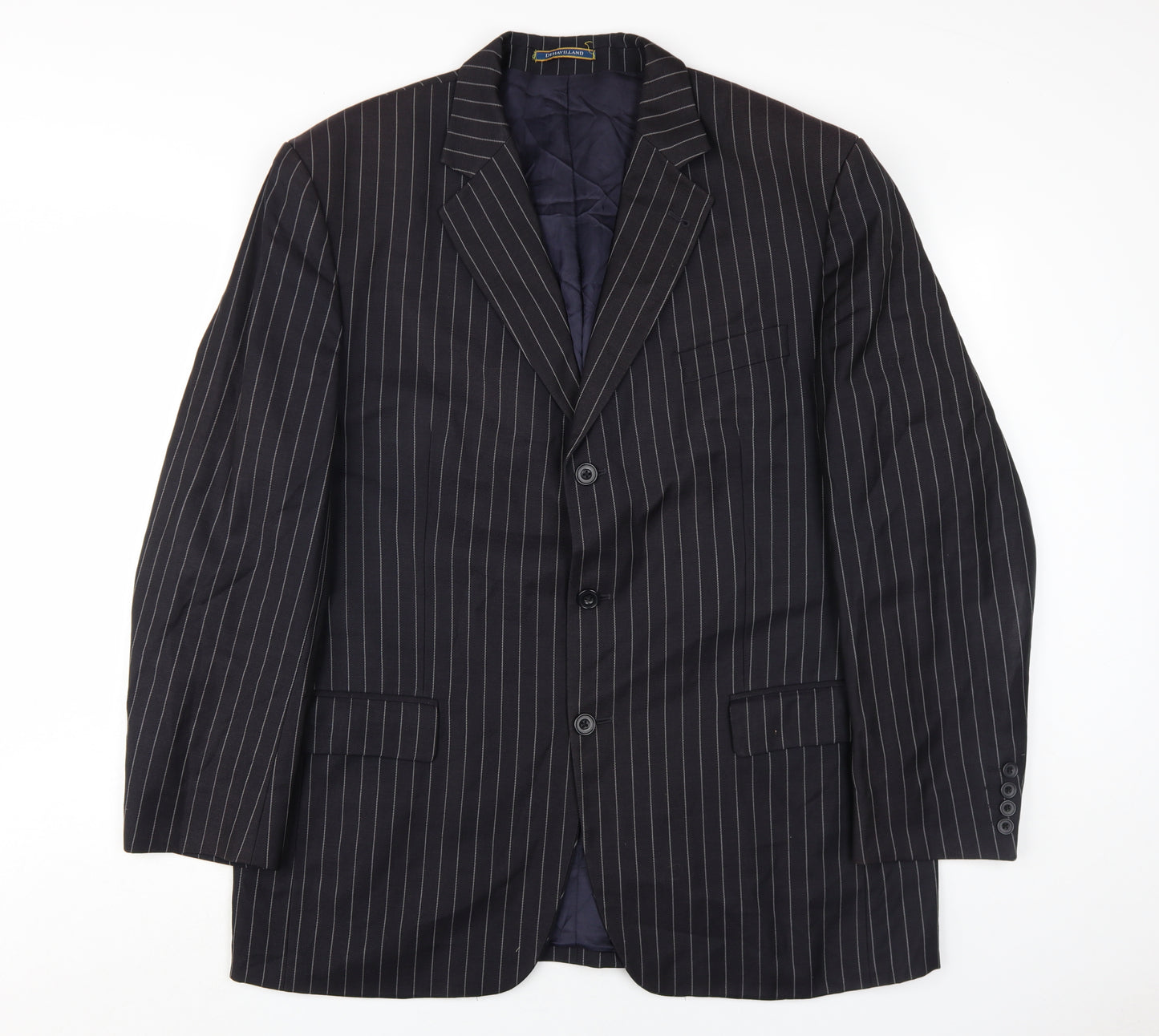 Dehavilland Men's Black Wool Blazer, Size 44R, Striped