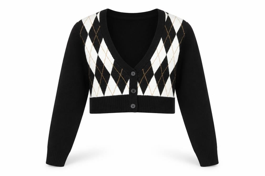 Front view of H&M Women's Black Argyle Cardigan, size 12