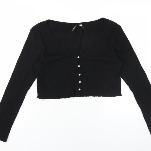 H&M Women's Black Cropped Blouse, M, V-Neck, Button Accents